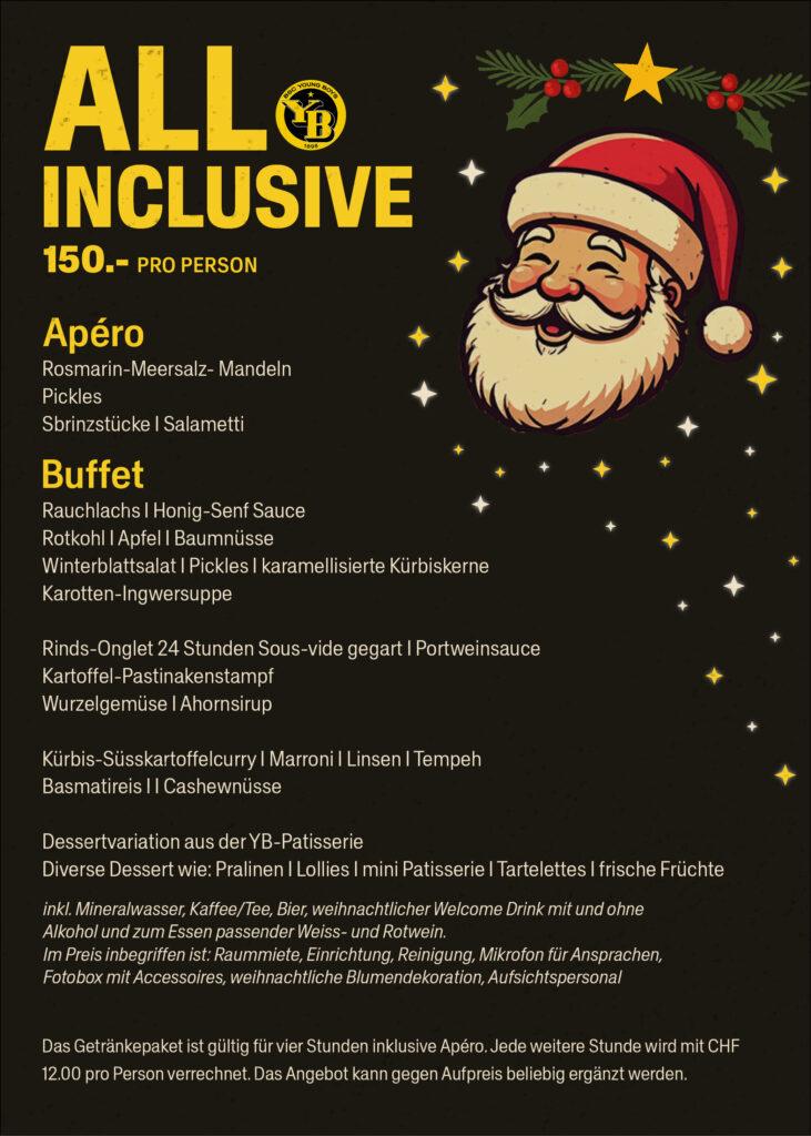 all inclusive Weihnachtsangebot, Apéro mit Menü ab Buffet mit Getränken